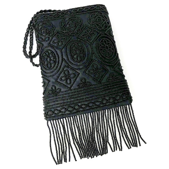 Valerie Stevens Handbags - Valerie Stevens Beaded Purse Black Fringed Evening